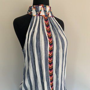High neck embroidered sleeveless tank halter stripe blouse